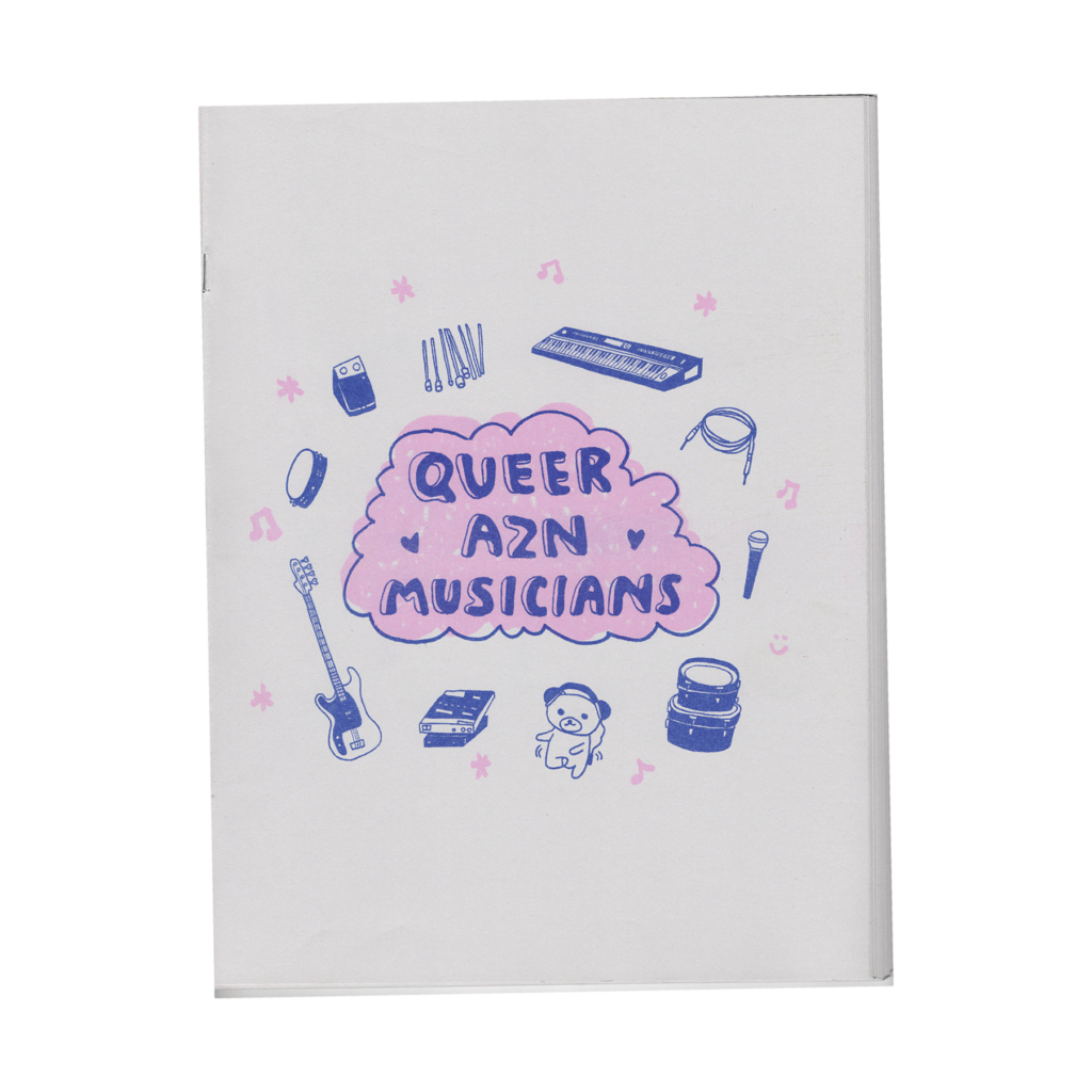 the cover image of queer azn musicians zine (click here to go to full zine). The cover is printed on grey paper with dark blue ink and bright pink highlights. The title has 3D bubble letters with a pink cloud background in the center. Around the cloud are pink stars and music notes, along with blue drawings of a bass, drums, pedal, keyboards, microphone, cables, drumsticks, and a dancing bear all in a circle around the title.